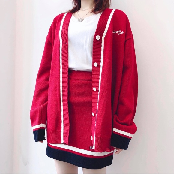 Mixxmix HEART CLUB Embroidered Logo Contrast Strips Knit Cardigan Red - Picture 9 of 9